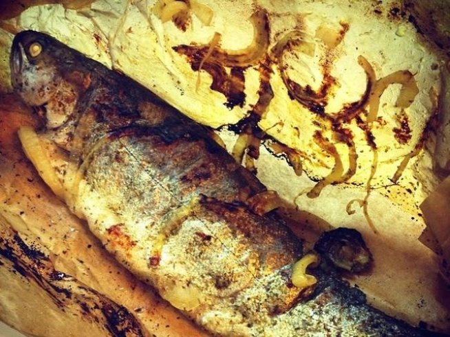 2 цели пъстърви, почистени или друга ваша любима риба
1 голяма глава лук 
зехтин 
сол 
хартия за печене
сухи подправки:
бял пипер 
копър 
магданоз 
босилек 
естрагон 
дафинов лист 
карамфил 
маточина 
риган 
розмарин 
мащерка